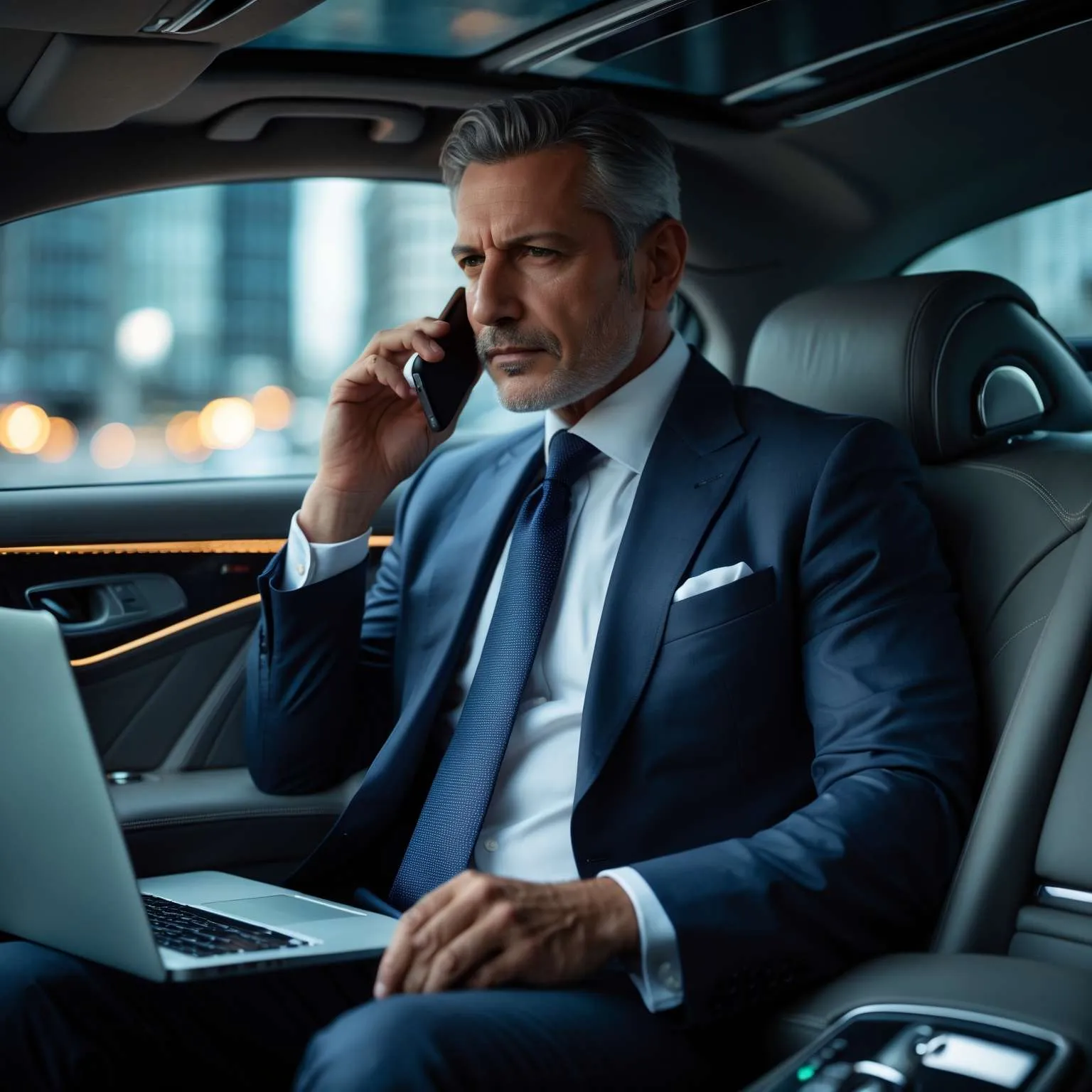 Business traveller working on the back seat of a chauffeur-driven Mercedes